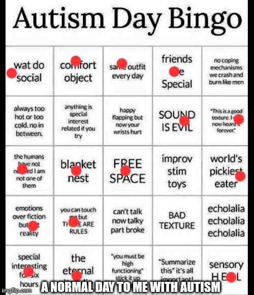 Autism bingo! | A NORMAL DAY TO ME WITH AUTISM | image tagged in autism bingo | made w/ Imgflip meme maker