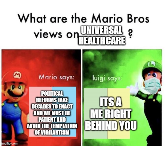 Mario Bros Views | UNIVERSAL HEALTHCARE; POLITICAL REFORMS TAKE DECADES TO ENACT AND WE MUST BE PATIENT AND AVOID THE TEMPTATION OF VIGILANTISM; ITS A ME RIGHT BEHIND YOU | image tagged in mario bros views | made w/ Imgflip meme maker