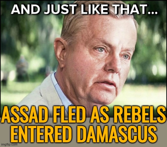 Assad Fled As Rebels Entered Damascus | ASSAD FLED AS REBELS
ENTERED DAMASCUS | image tagged in and just like that lindsay graham,lindsey stirling,donald trump,middle east,news,islam | made w/ Imgflip meme maker