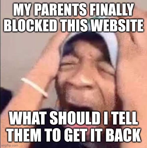 Flightreacts crying | MY PARENTS FINALLY BLOCKED THIS WEBSITE; WHAT SHOULD I TELL THEM TO GET IT BACK | image tagged in flightreacts crying | made w/ Imgflip meme maker