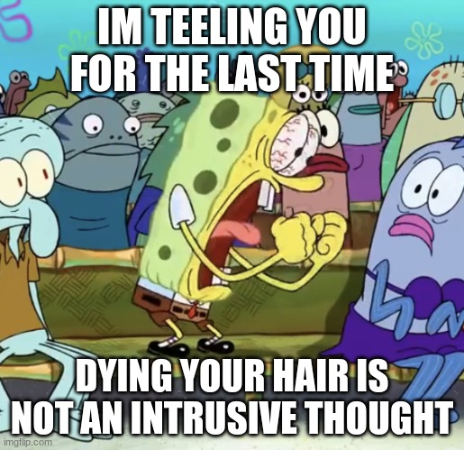 Spongebob Yelling | IM TEELING YOU FOR THE LAST TIME; DYING YOUR HAIR IS NOT AN INTRUSIVE THOUGHT | image tagged in spongebob yelling | made w/ Imgflip meme maker