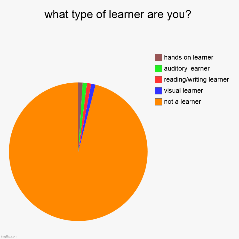 what type of learner are you? | not a learner, visual learner, reading/writing learner, auditory learner, hands on learner | image tagged in charts,pie charts | made w/ Imgflip chart maker