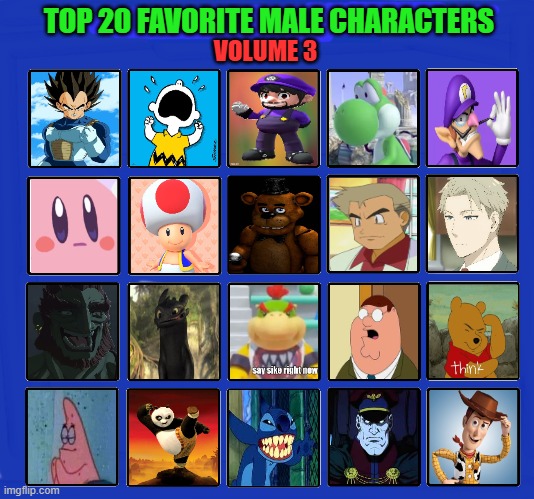 top 20 favorite male characters volume 3 | TOP 20 FAVORITE MALE CHARACTERS; VOLUME 3 | image tagged in top 20 male characters of all time,anime,movies,video games,tv shows,cartoons | made w/ Imgflip meme maker