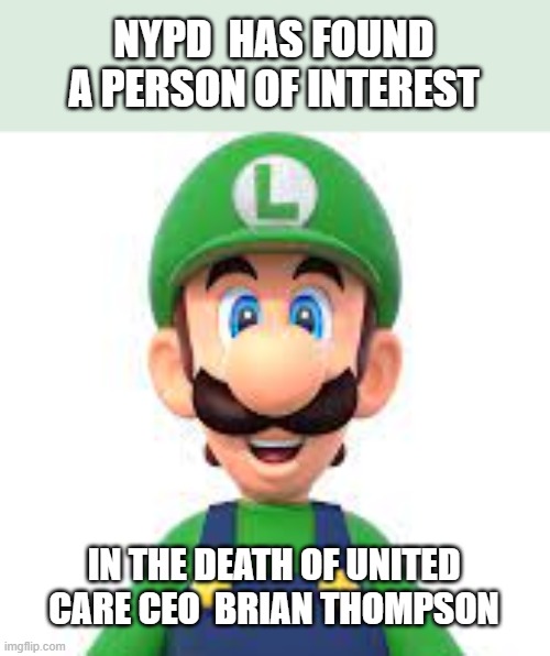 LOL!!! | NYPD  HAS FOUND A PERSON OF INTEREST; IN THE DEATH OF UNITED CARE CEO  BRIAN THOMPSON | image tagged in luigi,new york,democrats,lol,healthcare,ceo | made w/ Imgflip meme maker