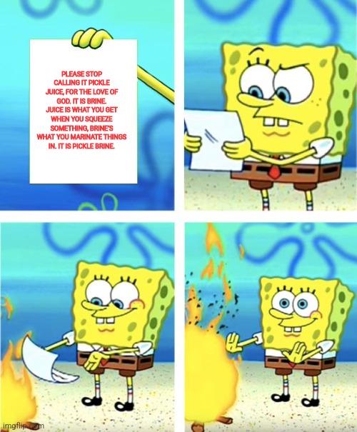 Spongebob Burning Paper | PLEASE STOP CALLING IT PICKLE JUICE, FOR THE LOVE OF GOD. IT IS BRINE. JUICE IS WHAT YOU GET WHEN YOU SQUEEZE SOMETHING, BRINE’S WHAT YOU MARINATE THINGS IN. IT IS PICKLE BRINE. | image tagged in spongebob burning paper | made w/ Imgflip meme maker