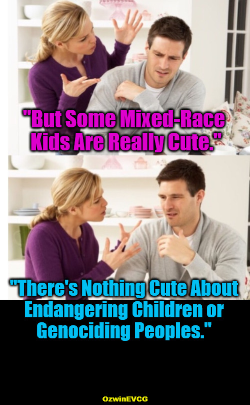 [Darling as in: Injuries (and) Erasure] | "But Some Mixed-Race 

Kids Are Really Cute."; "There's Nothing Cute About 

Endangering Children or 

Genociding Peoples."; OzwinEVCG | image tagged in arguing couple 1,protect children,ethnic groups,racial groups,achieving eternity,human species | made w/ Imgflip meme maker