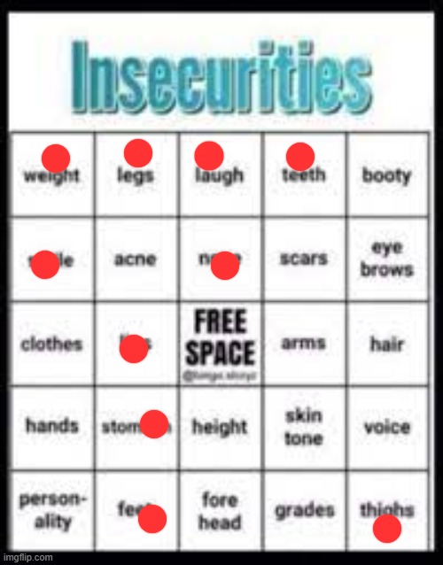 :) | image tagged in insecurities bingo | made w/ Imgflip meme maker