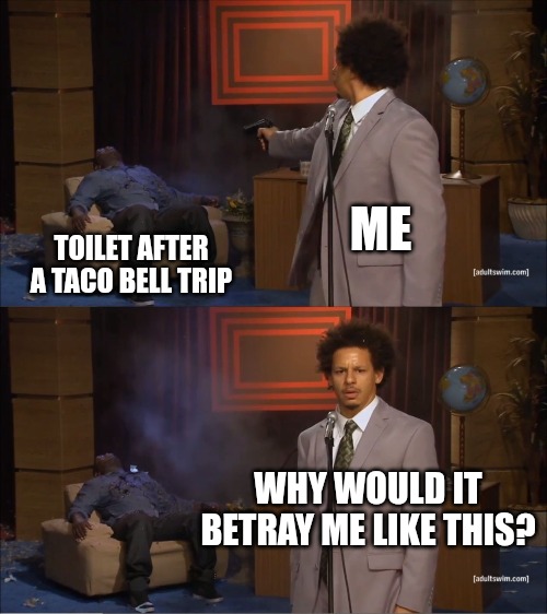 WHY... | ME; TOILET AFTER A TACO BELL TRIP; WHY WOULD IT BETRAY ME LIKE THIS? | image tagged in memes,who killed hannibal,funny,funny memes,fun | made w/ Imgflip meme maker