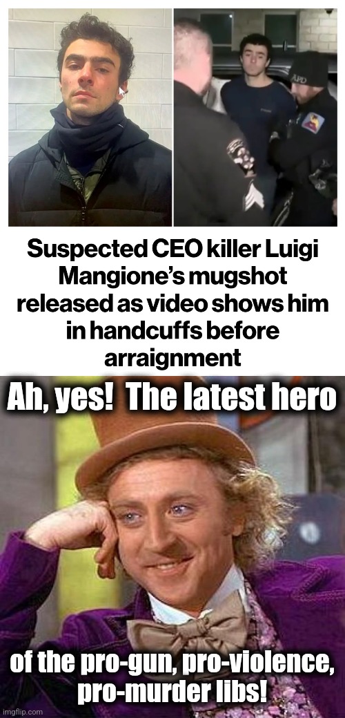 The accused killer of UnitedHealthcare CEO Brian Thompson | Ah, yes!  The latest hero; of the pro-gun, pro-violence,
pro-murder libs! | image tagged in memes,creepy condescending wonka,unitedhealthcare ceo brian thompson,democrats,guns,gun violence | made w/ Imgflip meme maker