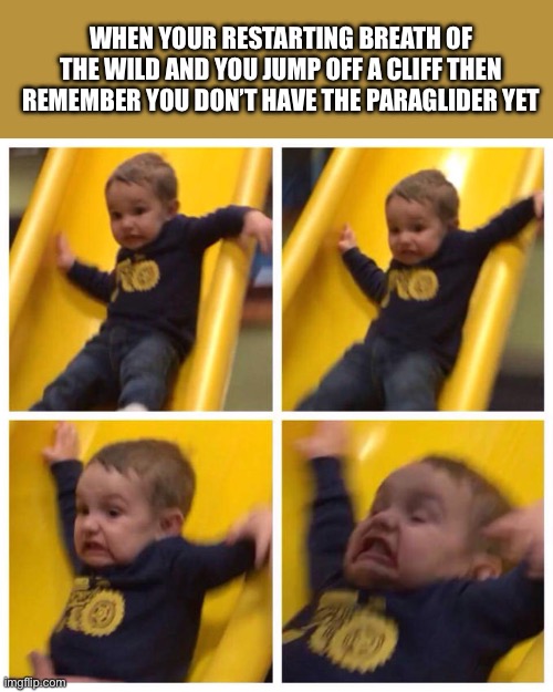 AAAAAAAAAAAAAAHHHHHHHHHH | WHEN YOUR RESTARTING BREATH OF THE WILD AND YOU JUMP OFF A CLIFF THEN REMEMBER YOU DON’T HAVE THE PARAGLIDER YET | image tagged in kid falling down slide,legend of zelda,the legend of zelda breath of the wild,zelda,gaming,video games | made w/ Imgflip meme maker