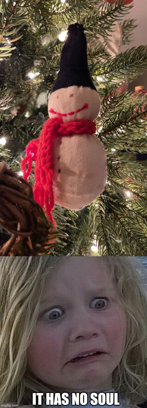 THE CURSED SNOWMAN | IT HAS NO SOUL | image tagged in scared kid,cursed image,cursed,snowman,christmas tree | made w/ Imgflip meme maker