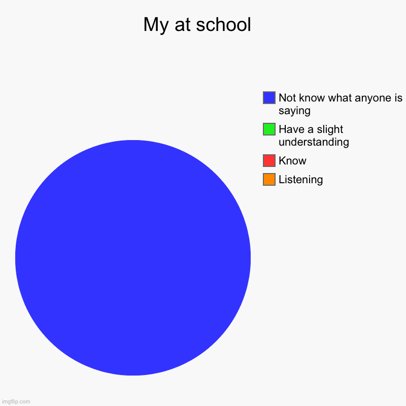 My at school  | Listening , Know , Have a slight understanding , Not know what anyone is saying | image tagged in charts,pie charts | made w/ Imgflip chart maker