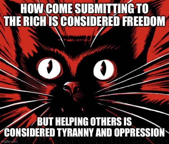 Sabo tabby cat | HOW COME SUBMITTING TO THE RICH IS CONSIDERED FREEDOM; BUT HELPING OTHERS IS CONSIDERED TYRANNY AND OPPRESSION | image tagged in sabo tabby cat | made w/ Imgflip meme maker