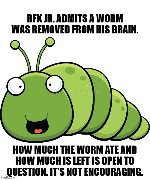 RFK JR. ADMITS A WORM WAS REMOVED FROM HIS BRAIN. HOW MUCH THE WORM ATE AND HOW MUCH IS LEFT IS OPEN TO QUESTION. IT'S NOT ENCOURAGING. | image tagged in rfk jr,worm,brain,crazy,insane,nuts | made w/ Imgflip meme maker