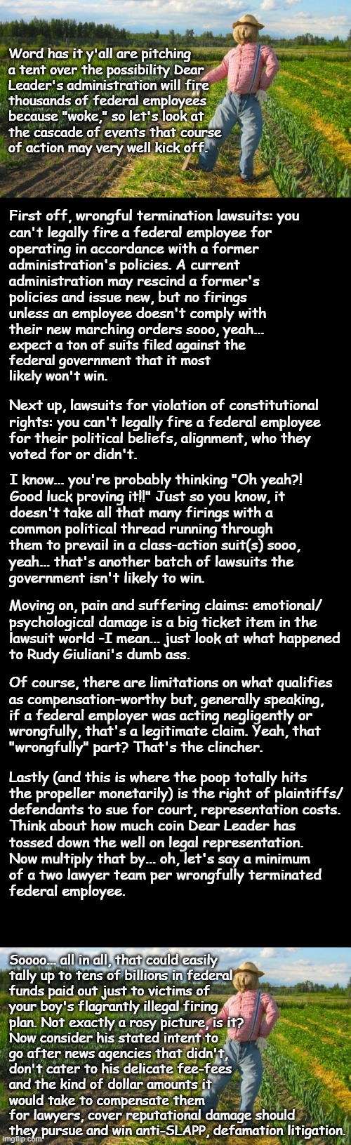 Well howdy, Trump-cult kids, it's Socialism again and today's topic is consequence of political firings. | Word has it y'all are pitching
a tent over the possibility Dear
Leader's administration will fire
thousands of federal employees
because "woke," so let's look at
the cascade of events that course
of action may very well kick off. First off, wrongful termination lawsuits: you
can't legally fire a federal employee for
operating in accordance with a former
administration's policies. A current; administration may rescind a former's
policies and issue new, but no firings
unless an employee doesn't comply with
their new marching orders sooo, yeah... expect a ton of suits filed against the
federal government that it most
likely won't win. Next up, lawsuits for violation of constitutional
rights: you can't legally fire a federal employee
for their political beliefs, alignment, who they
voted for or didn't. I know... you're probably thinking "Oh yeah?!
Good luck proving it!!" Just so you know, it
doesn't take all that many firings with a
common political thread running through; them to prevail in a class-action suit(s) sooo,
yeah... that's another batch of lawsuits the
government isn't likely to win. Moving on, pain and suffering claims: emotional/
psychological damage is a big ticket item in the
lawsuit world -I mean... just look at what happened
to Rudy Giuliani's dumb ass. Of course, there are limitations on what qualifies
as compensation-worthy but, generally speaking,
if a federal employer was acting negligently or; wrongfully, that's a legitimate claim. Yeah, that
"wrongfully" part? That's the clincher. Lastly (and this is where the poop totally hits
the propeller monetarily) is the right of plaintiffs/
defendants to sue for court, representation costs.
Think about how much coin Dear Leader has; tossed down the well on legal representation.
Now multiply that by... oh, let's say a minimum
of a two lawyer team per wrongfully terminated
federal employee. Soooo... all in all, that could easily
tally up to tens of billions in federal
funds paid out just to victims of
your boy's flagrantly illegal firing
plan. Not exactly a rosy picture, is it? Now consider his stated intent to
go after news agencies that didn't,
don't cater to his delicate fee-fees
and the kind of dollar amounts it
would take to compensate them; for lawyers, cover reputational damage should they pursue and win anti-SLAPP, defamation litigation. | image tagged in scarecrow in field,wait that's illegal,price tag,trump unfit unqualified dangerous | made w/ Imgflip meme maker