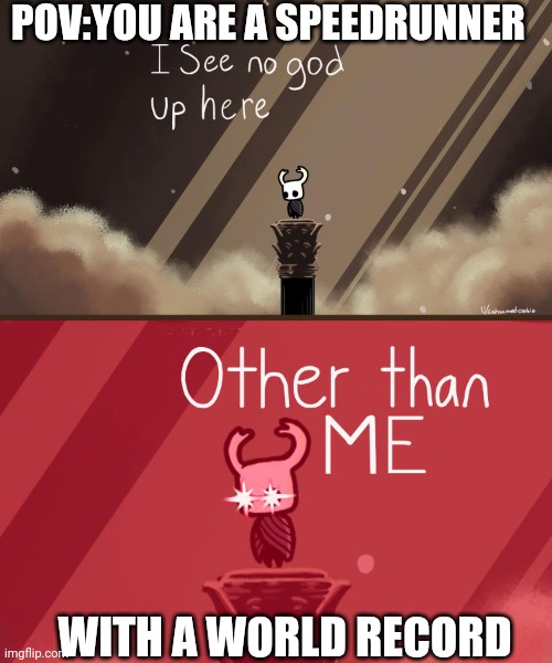 Speedrunner be like when play a game: | POV:YOU ARE A SPEEDRUNNER; WITH A WORLD RECORD | image tagged in hollow knight | made w/ Imgflip meme maker