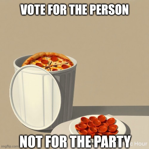 How some people vote | VOTE FOR THE PERSON; NOT FOR THE PARTY | image tagged in politics,pizza,voting,stupid,funny memes | made w/ Imgflip meme maker