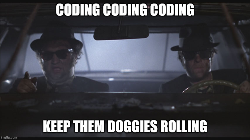 Coding | CODING CODING CODING; KEEP THEM DOGGIES ROLLING | image tagged in blues brothers at night | made w/ Imgflip meme maker