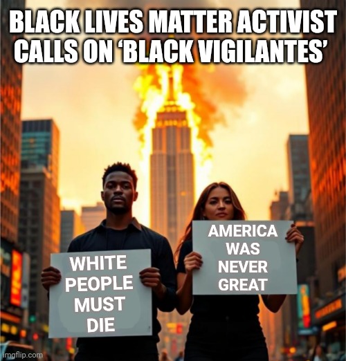 BLM Leader Appears To Call For Black People To Kill White People Following Daniel Penny Verdict | BLACK LIVES MATTER ACTIVIST CALLS ON ‘BLACK VIGILANTES’; AMERICA
WAS
NEVER
GREAT; WHITE
PEOPLE
MUST
DIE | image tagged in blm protest,america,news,white people,black lives matter,trending | made w/ Imgflip meme maker