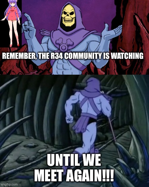 Skeletor until we meet again | REMEMBER, THE R34 COMMUNITY IS WATCHING; UNTIL WE MEET AGAIN!!! | image tagged in skeletor until we meet again | made w/ Imgflip meme maker