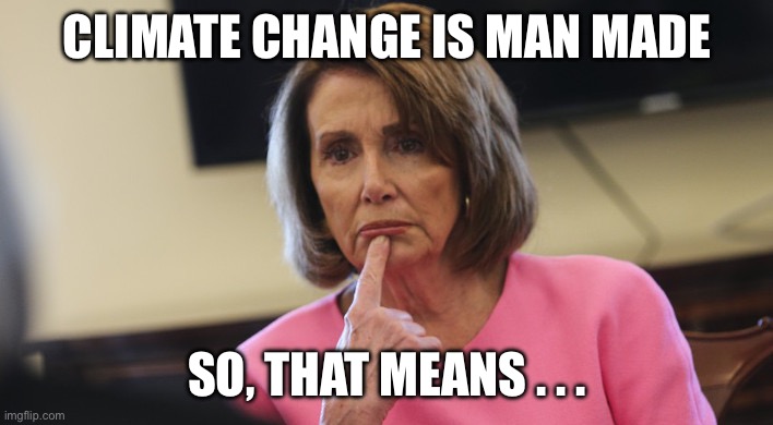 Pelosi Philosoraptor | CLIMATE CHANGE IS MAN MADE SO, THAT MEANS . . . | image tagged in pelosi philosoraptor | made w/ Imgflip meme maker