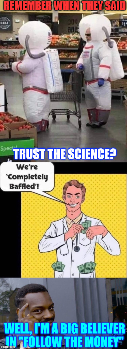 If you want the truth...  Follow the money | REMEMBER WHEN THEY SAID; TRUST THE SCIENCE? WELL, I'M A BIG BELIEVER IN "FOLLOW THE MONEY" | image tagged in trust the science,memes,roll safe think about it,follow the money | made w/ Imgflip meme maker