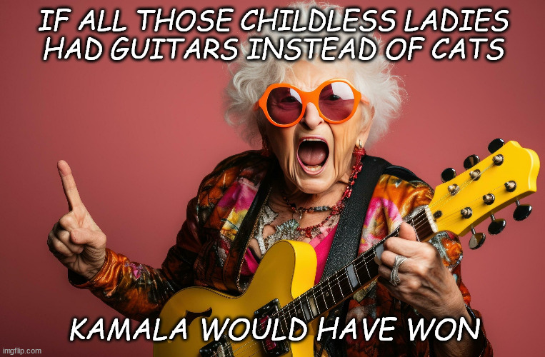 Prove me Wrong | IF ALL THOSE CHILDLESS LADIES
HAD GUITARS INSTEAD OF CATS; KAMALA WOULD HAVE WON | image tagged in cats,guitars | made w/ Imgflip meme maker