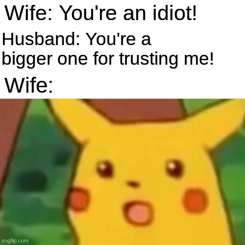 Winner of the argument | Wife: You're an idiot! Husband: You're a bigger one for trusting me! Wife: | image tagged in memes,surprised pikachu,funny,pokemon | made w/ Imgflip meme maker