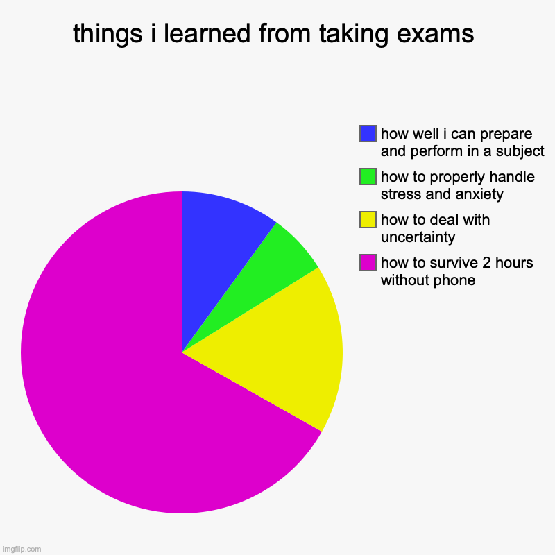 every college exam ever... | things i learned from taking exams | how to survive 2 hours without phone, how to deal with uncertainty, how to properly handle stress and a | image tagged in charts,pie charts,college,exams,anxiety,real | made w/ Imgflip chart maker