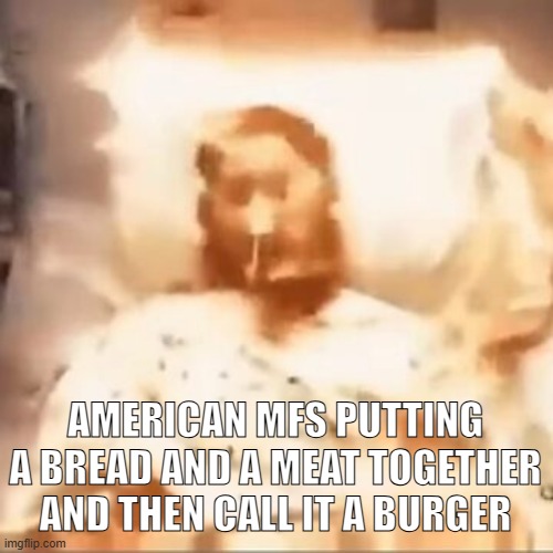 Markiplier on fire | AMERICAN MFS PUTTING A BREAD AND A MEAT TOGETHER AND THEN CALL IT A BURGER | image tagged in markiplier on fire | made w/ Imgflip meme maker