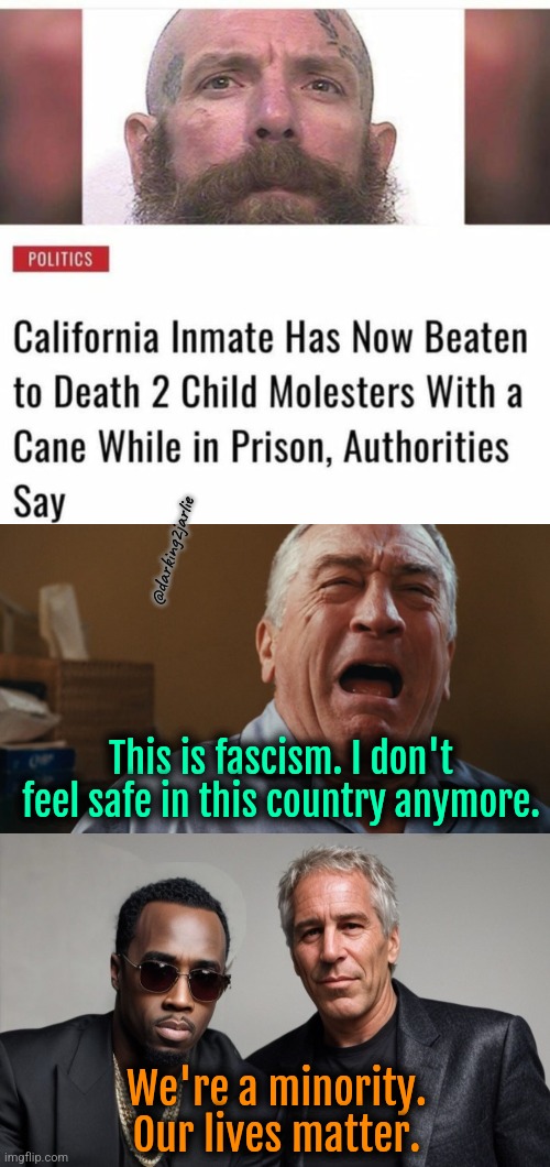 Under fascist Trump minorities aren't safe | @darking2jarlie; This is fascism. I don't feel safe in this country anymore. We're a minority. Our lives matter. | image tagged in trump,california,diddy,epstein,america,satire | made w/ Imgflip meme maker