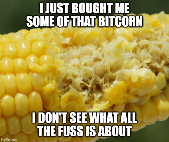 Yeehaw!!! | I JUST BOUGHT ME SOME OF THAT BITCORN; I DON'T SEE WHAT ALL
THE FUSS IS ABOUT | image tagged in crypto corn,lend me an ear | made w/ Imgflip meme maker