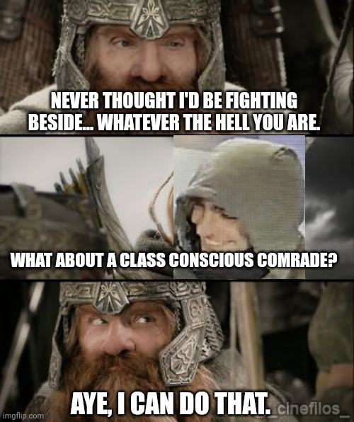 Class consciousness | NEVER THOUGHT I'D BE FIGHTING BESIDE... WHATEVER THE HELL YOU ARE. WHAT ABOUT A CLASS CONSCIOUS COMRADE? AYE, I CAN DO THAT. | image tagged in lord of the rings gimli legolas | made w/ Imgflip meme maker