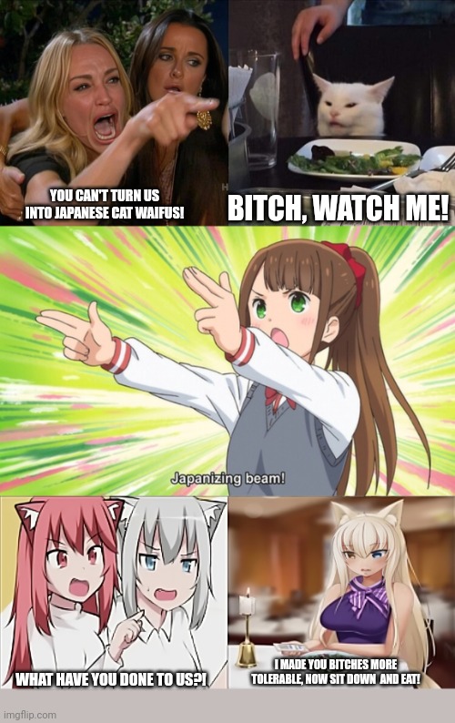 You don't want to be cat waifus? Too bad! | BITCH, WATCH ME! YOU CAN'T TURN US INTO JAPANESE CAT WAIFUS! I MADE YOU BITCHES MORE TOLERABLE, NOW SIT DOWN  AND EAT! WHAT HAVE YOU DONE TO US?! | image tagged in memes,woman yelling at cat,japanizing beam | made w/ Imgflip meme maker