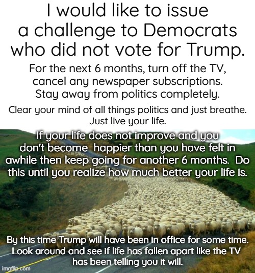 Trump isn't the cause of your problems.  Misinformation is.  The TV is lying to you. | I would like to issue a challenge to Democrats who did not vote for Trump. For the next 6 months, turn off the TV,
cancel any newspaper subscriptions.
Stay away from politics completely. Clear your mind of all things politics and just breathe.
Just live your life. If your life does not improve and you don't become  happier than you have felt in awhile then keep going for another 6 months.  Do this until you realize how much better your life is. By this time Trump will have been in office for some time.
Look around and see if life has fallen apart like the TV 
has been telling you it will. | image tagged in sheep,the tv lies | made w/ Imgflip meme maker