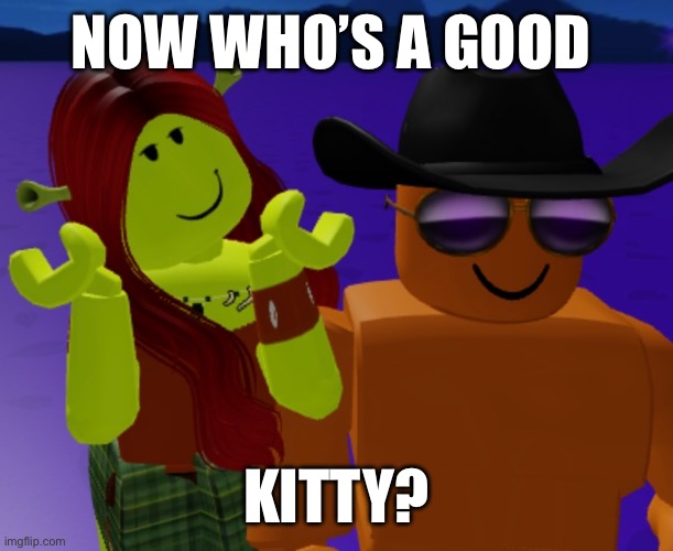 don’t be silly: | NOW WHO’S A GOOD; KITTY? | image tagged in meme,roblox,shrek,dreamworks,puss in boots | made w/ Imgflip meme maker