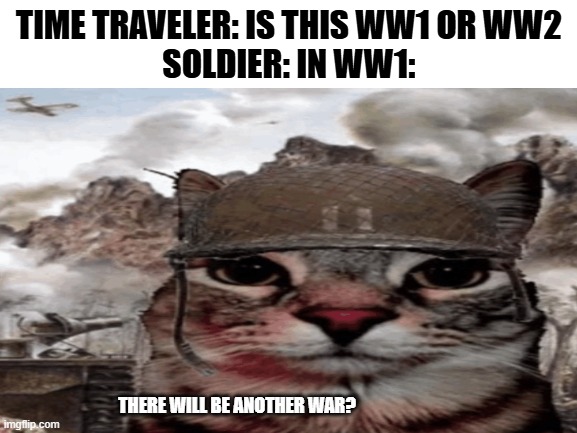 Blank White Template | TIME TRAVELER: IS THIS WW1 OR WW2
SOLDIER: IN WW1:; THERE WILL BE ANOTHER WAR? | image tagged in blank white template | made w/ Imgflip meme maker