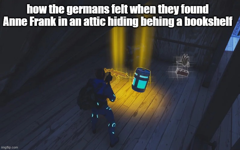 Anne Frank | how the germans felt when they found Anne Frank in an attic hiding behing a bookshelf | image tagged in fortnite chug jug | made w/ Imgflip meme maker