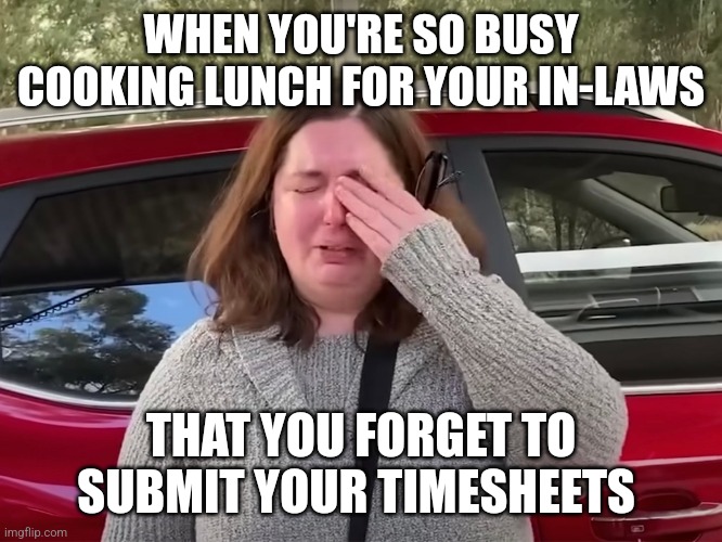 Mushroom lady timesheets | WHEN YOU'RE SO BUSY COOKING LUNCH FOR YOUR IN-LAWS; THAT YOU FORGET TO SUBMIT YOUR TIMESHEETS | image tagged in mushroom,timesheet reminder | made w/ Imgflip meme maker