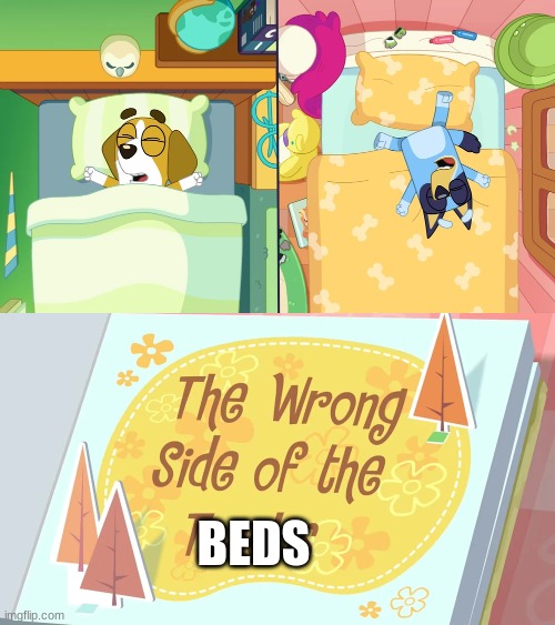 need i say more? | BEDS | image tagged in the wrong side of the tracks,bluey,htf,happy tree friends,spoiler alert | made w/ Imgflip meme maker