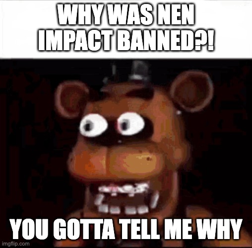 Shocked Freddy Fazbear | WHY WAS NEN IMPACT BANNED?! YOU GOTTA TELL ME WHY | image tagged in shocked freddy fazbear | made w/ Imgflip meme maker