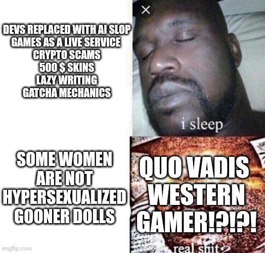 Real Shit | DEVS REPLACED WITH AI SLOP
GAMES AS A LIVE SERVICE 
CRYPTO SCAMS
500 $ SKINS
LAZY WRITING
GATCHA MECHANICS; SOME WOMEN ARE NOT HYPERSEXUALIZED GOONER DOLLS; QUO VADIS 
WESTERN GAMER!?!?! | image tagged in real shit | made w/ Imgflip meme maker