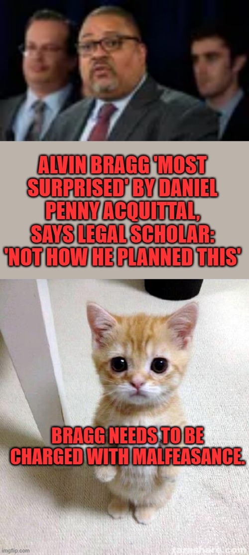 ALVIN BRAGG 'MOST SURPRISED' BY DANIEL PENNY ACQUITTAL, SAYS LEGAL SCHOLAR: 'NOT HOW HE PLANNED THIS'; BRAGG NEEDS TO BE CHARGED WITH MALFEASANCE. | image tagged in memes,cute cat | made w/ Imgflip meme maker