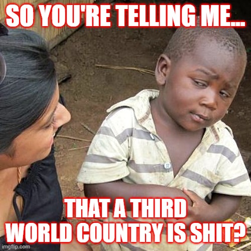 Third World Skeptical Kid | SO YOU'RE TELLING ME... THAT A THIRD WORLD COUNTRY IS SHIT? | image tagged in memes,third world skeptical kid | made w/ Imgflip meme maker