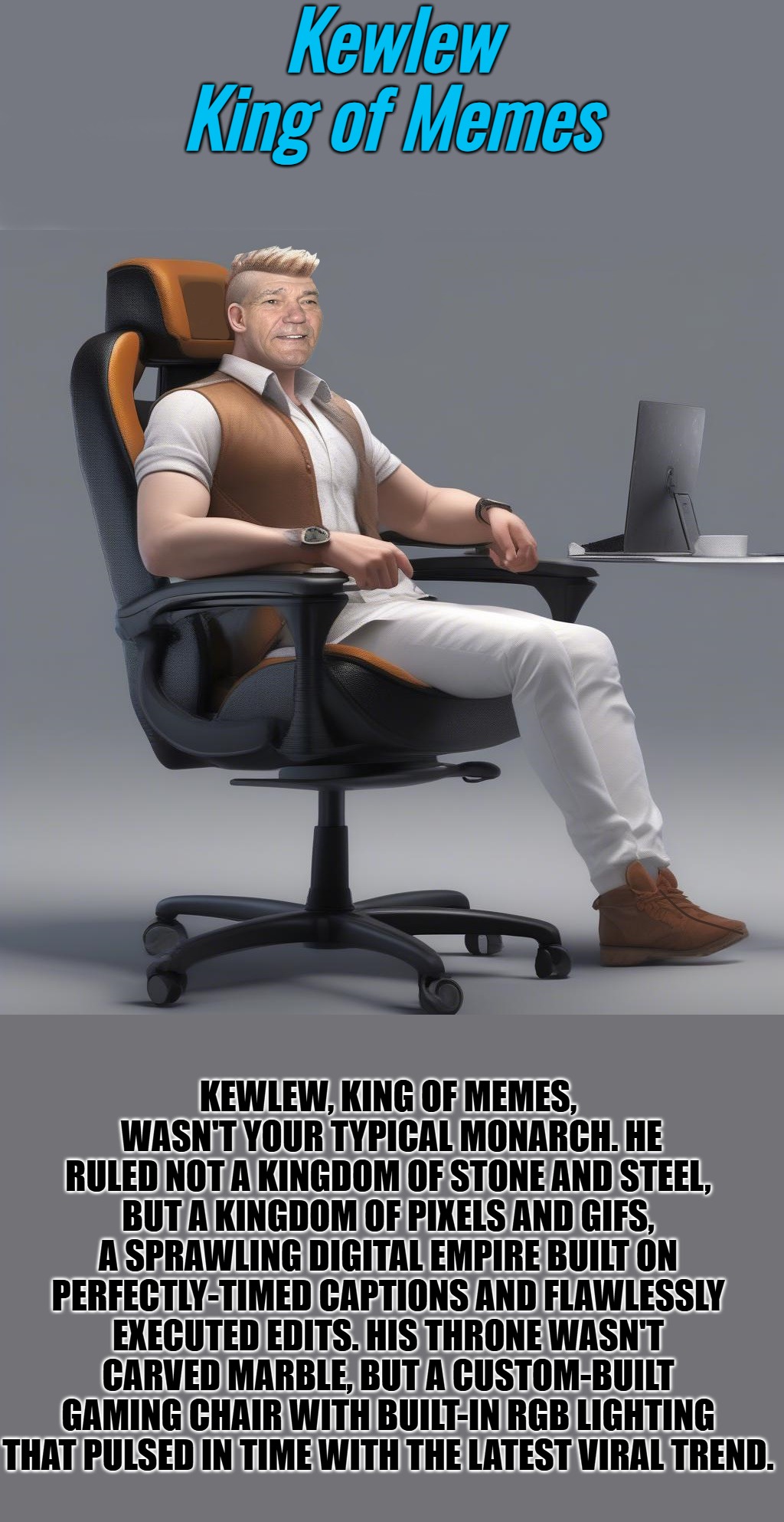 Kewlew king of memes | Kewlew
King of Memes; KEWLEW, KING OF MEMES,
 WASN'T YOUR TYPICAL MONARCH. HE RULED NOT A KINGDOM OF STONE AND STEEL, BUT A KINGDOM OF PIXELS AND GIFS, A SPRAWLING DIGITAL EMPIRE BUILT ON PERFECTLY-TIMED CAPTIONS AND FLAWLESSLY EXECUTED EDITS. HIS THRONE WASN'T CARVED MARBLE, BUT A CUSTOM-BUILT GAMING CHAIR WITH BUILT-IN RGB LIGHTING THAT PULSED IN TIME WITH THE LATEST VIRAL TREND. | image tagged in kewlew king of memes,and the most handsome man on the planet | made w/ Imgflip meme maker