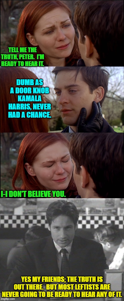 For intelligent people the signs were all there. | TELL ME THE TRUTH, PETER.  I'M READY TO HEAR IT. DUMB AS A DOOR KNOB KAMALA HARRIS, NEVER HAD A CHANCE. I-I DON'T BELIEVE YOU. YES MY FRIENDS; THE TRUTH IS OUT THERE.  BUT MOST LEFTISTS ARE NEVER GOING TO BE READY TO HEAR ANY OF IT. | image tagged in yep | made w/ Imgflip meme maker