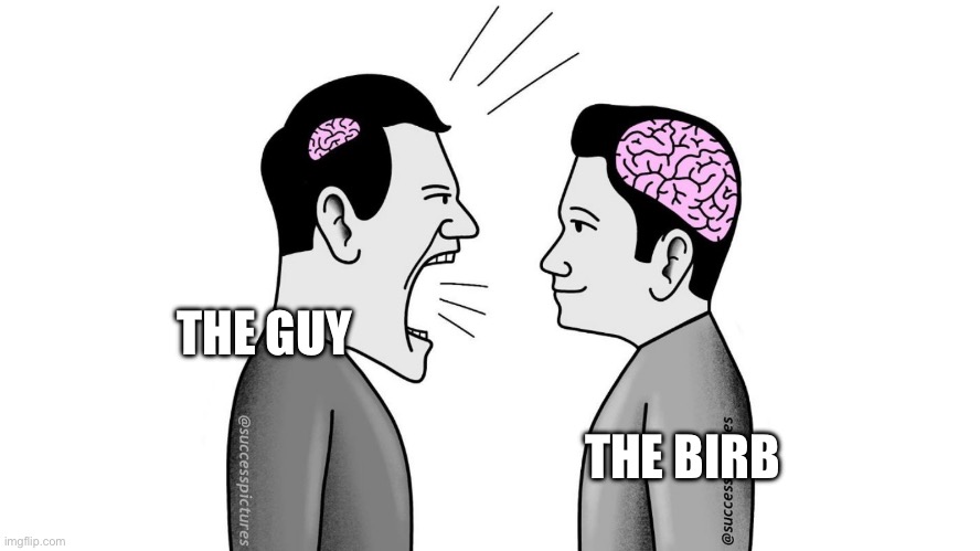 small brain yelling at big brain | THE GUY THE BIRB | image tagged in small brain yelling at big brain | made w/ Imgflip meme maker