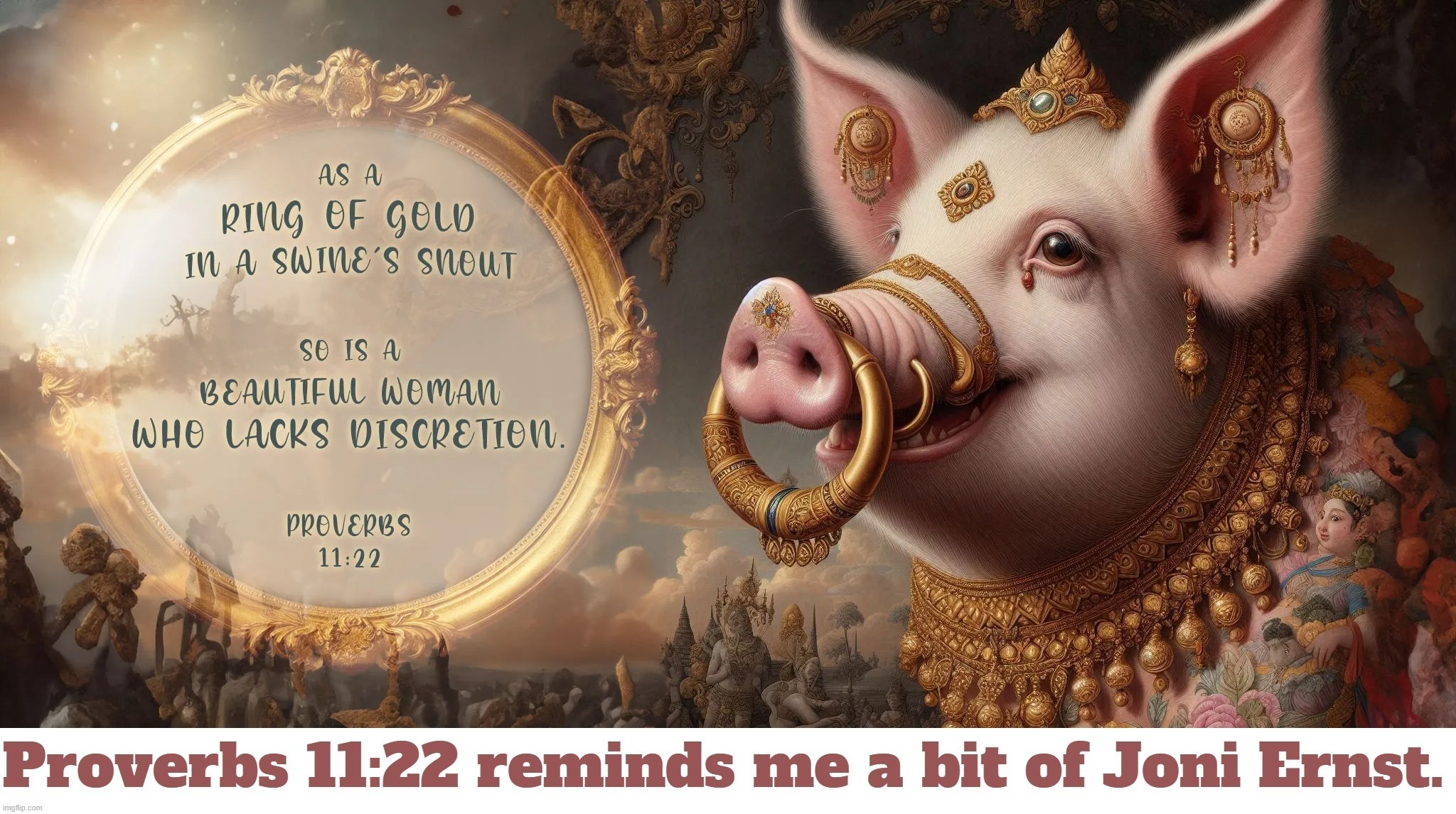 How many women remind YOU of Proverbs 11:22? | image tagged in lipstick on a pig,joni ernst,liz cheney,crooked hillary,nancy pelosi,whoopi goldberg | made w/ Imgflip meme maker