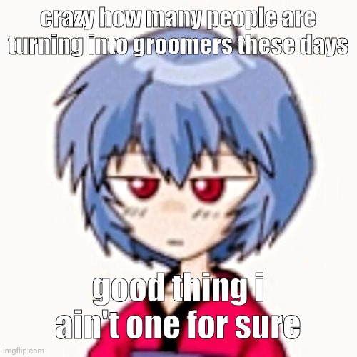 Rei :3 | crazy how many people are turning into groomers these days; good thing i ain't one for sure | image tagged in rei 3 | made w/ Imgflip meme maker