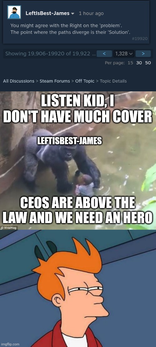 LISTEN KID, I DON'T HAVE MUCH COVER; LEFTISBEST-JAMES; CEOS ARE ABOVE THE LAW AND WE NEED AN HERO | image tagged in harambe,memes,futurama fry | made w/ Imgflip meme maker